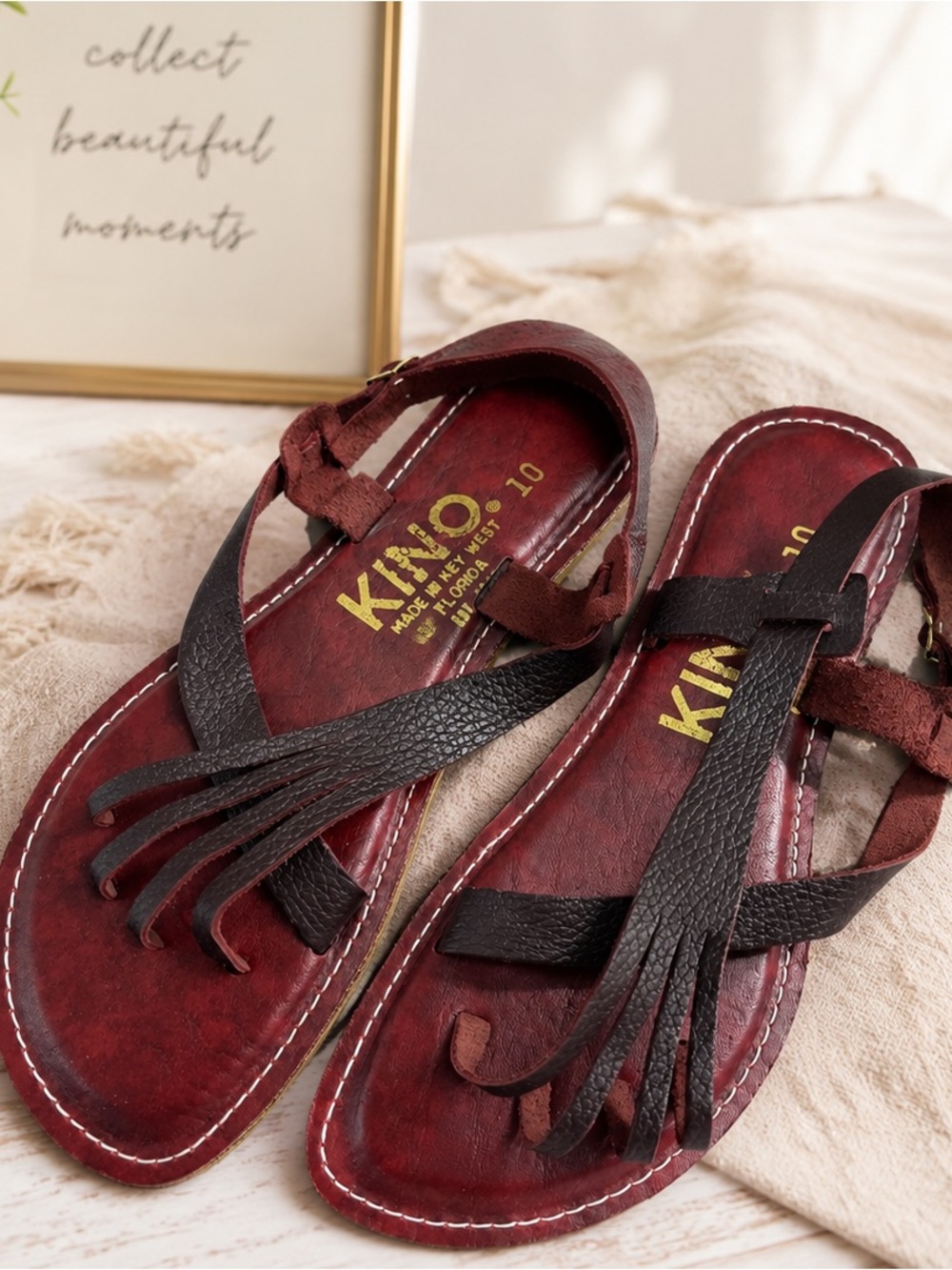 Kino Spider Leather Sandals Size 10 Burgundy Handmade Like New